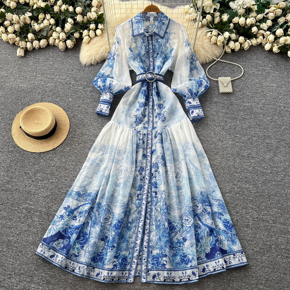 Vintage court style blue and white porcelain print dress - women's spring long sleeve slimming a-line maxi dress - elegant and chic