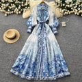 Vintage court style blue and white porcelain print dress - women's spring long sleeve slimming a-line maxi dress - elegant and chic