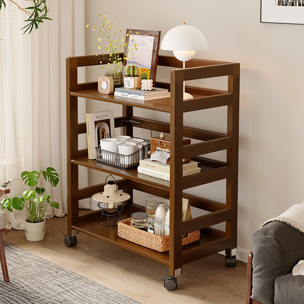 Walnut color, all solid wood shelves, floor-to-ceiling living room, sofa side, multi-layer trolley, bedroom removable storage rack