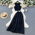 French retro hollow-out crochet design set for women: sleeveless tank top + high-waisted elastic waist flared midi skirt