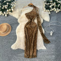 Accessible luxury celebrity classy sense of slope shoulder halter ribbon sleeveless bronzing printing mesh dress waist silm long skirt