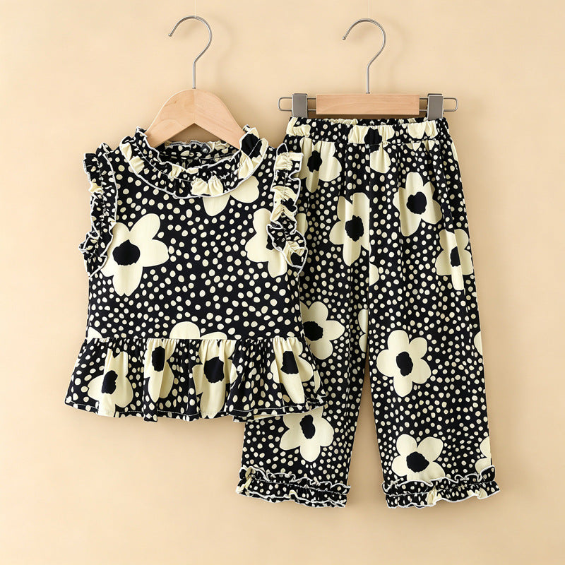 Girls' rayon outerwear set - cartoon print, loungewear, loose fit, breathable, cute summer lightweight lace pajamas