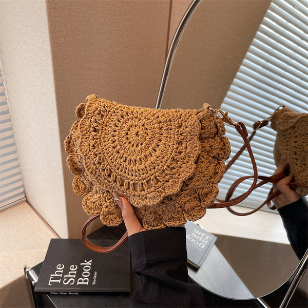 New lace round crossbody cotton thread woven bag hollow shoulder straw bag beach bag cute versatile women's bag