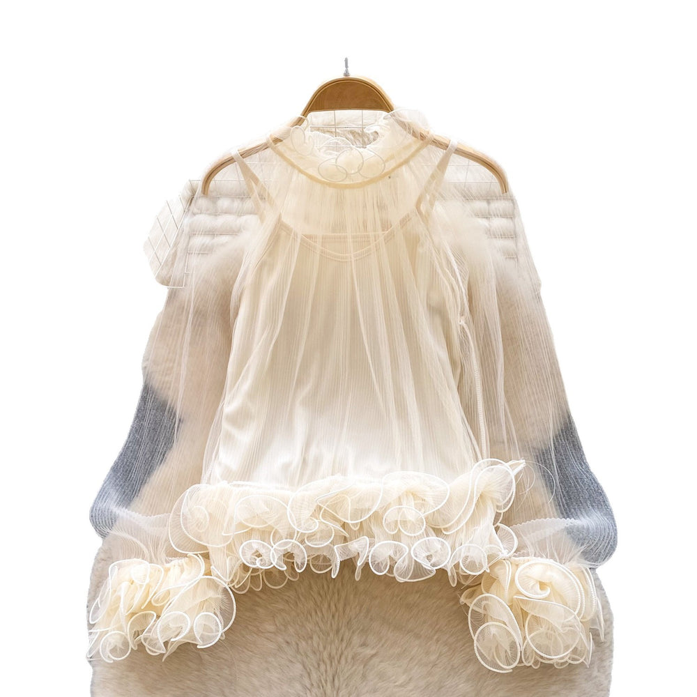 early spring new chiffon blouse - french chic, elegant, ruched lace trim, layering camisole top, two-piece set for women