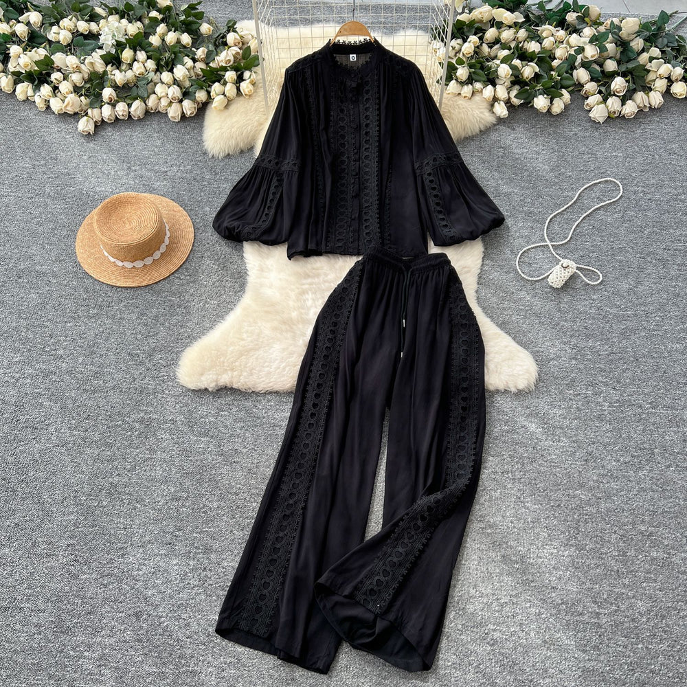 Elegant two-piece set for women, autumn : french court style lace patchwork lantern sleeve blouse with high-waisted wide-leg pants