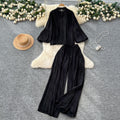 Elegant two-piece set for women, autumn : french court style lace patchwork lantern sleeve blouse with high-waisted wide-leg pants