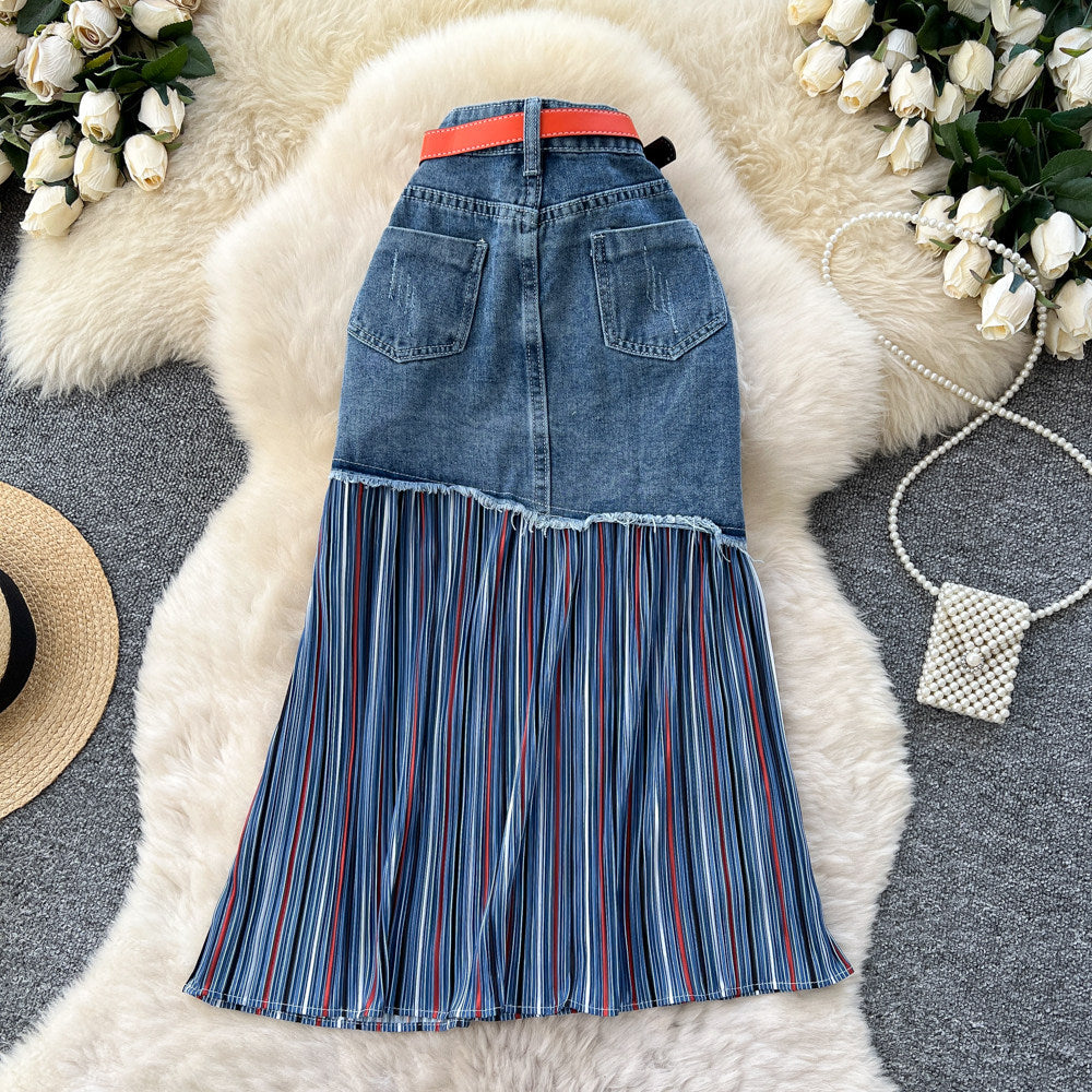 Korean style patchwork striped color block denim midi skirt - women's designer high waist slimming a-line skirt - versatile workwear