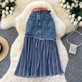 Korean style patchwork striped color block denim midi skirt - women's designer high waist slimming a-line skirt - versatile workwear