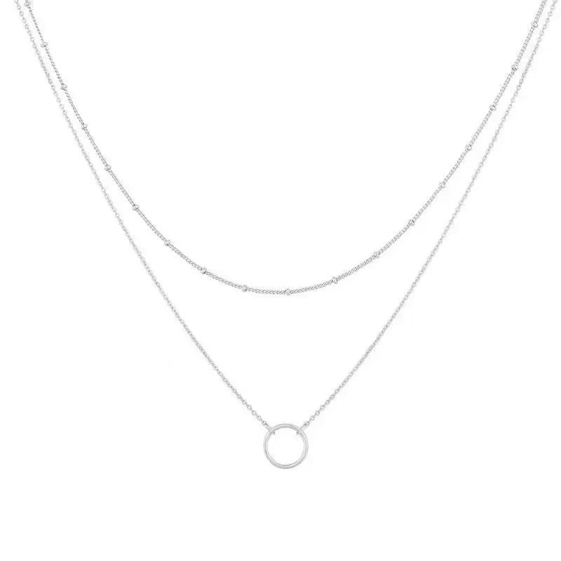 European and american cross-border wholesale jewelry minimalist round ring double layer necklace copper bead chain clavicle chain gold circle pendant necklace