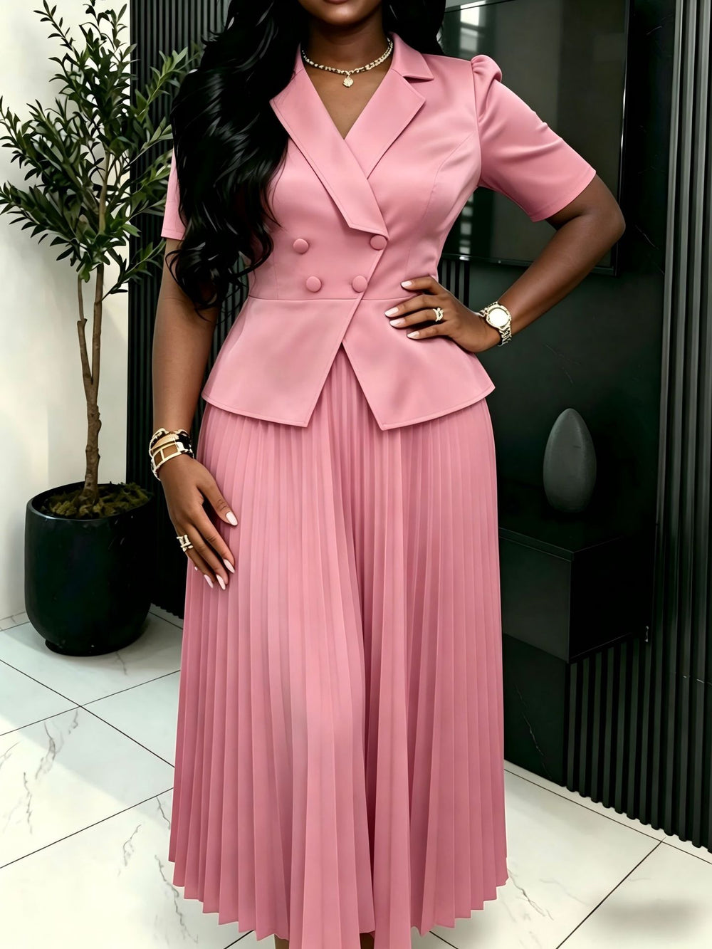 New arrival cross-border work clothingdress lapel short sleeve design double breasted decoration pleated skirt pleateddres
