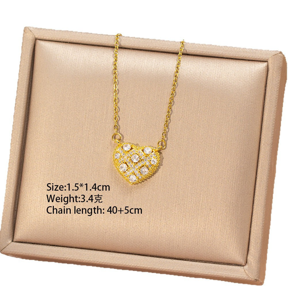 [titanium steel] japanese and korean popular fashion full diamond heart necklace for women, high-end light luxury copper inlaid zirconium clavicle chain accessories