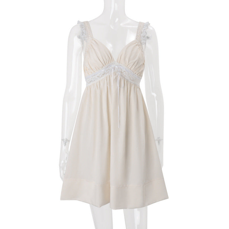 Amazon women's spring  new fashion v-neck lace trim solid color loose spaghetti strap a-line dress