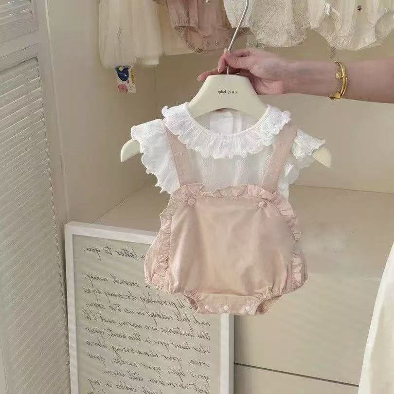 Summer newborn & infant fashion lace overalls set - baby girl cute top & lace inner layer 4-piece outfit