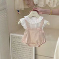 Summer newborn & infant fashion lace overalls set - baby girl cute top & lace inner layer 4-piece outfit