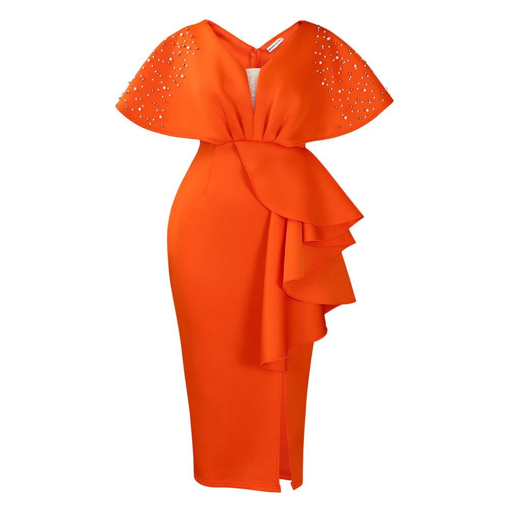 D516  summer sexy v-neck ruffle slit beaded evening gown - elegant socialite style banquet dress