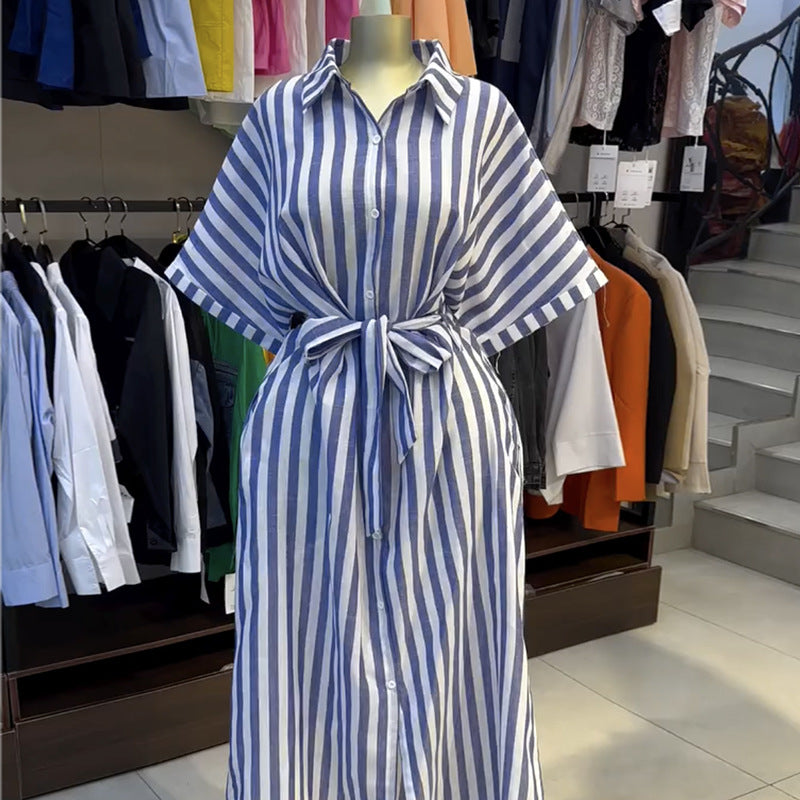 European and american cross-border women's fashion:  spring new arrival - elegant collared pink striped tie-waist short-sleeve shirt dress
