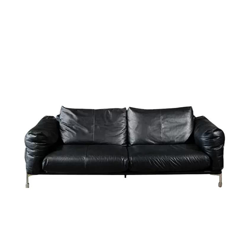 Minimalist mid-century modern genuine leather sofa for living room, small apartment, bauhaus retro style black hammer sofa, 2025 new arrival