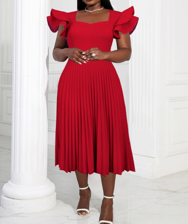 Am030117spring & fall purple square neck dress eleganceelegantcasualwork clothingpleated skirt dresses