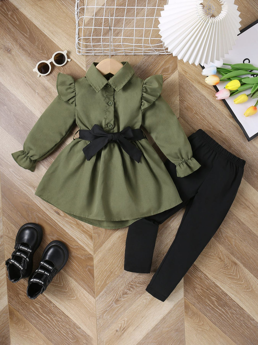 children's wear cross-border autumn new arrivals: girls' fashionable longline shirt dress with belt and leggings set