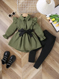 children's wear cross-border autumn new arrivals: girls' fashionable longline shirt dress with belt and leggings set
