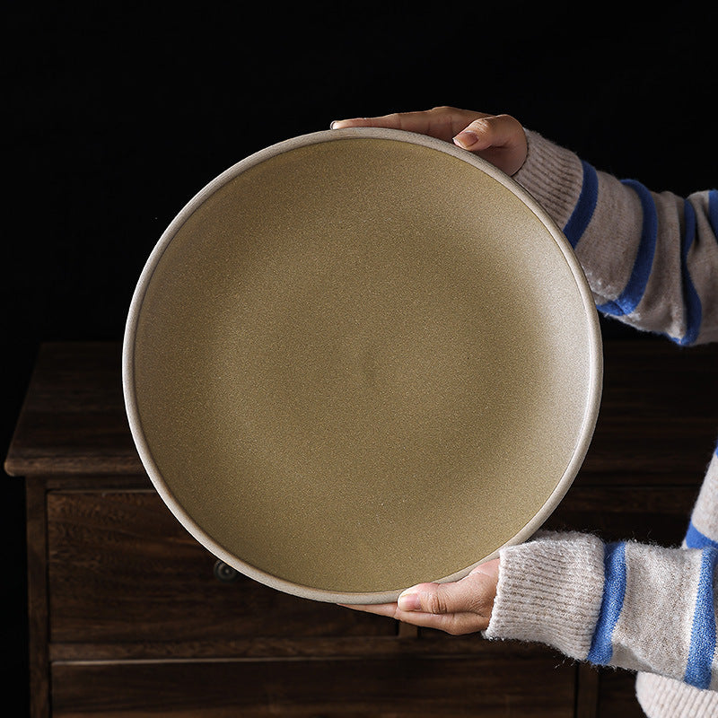 Ceramic retro steak plate for home vegetable plate japanese tableware large flat plate western food plate restaurant commercial pasta plate