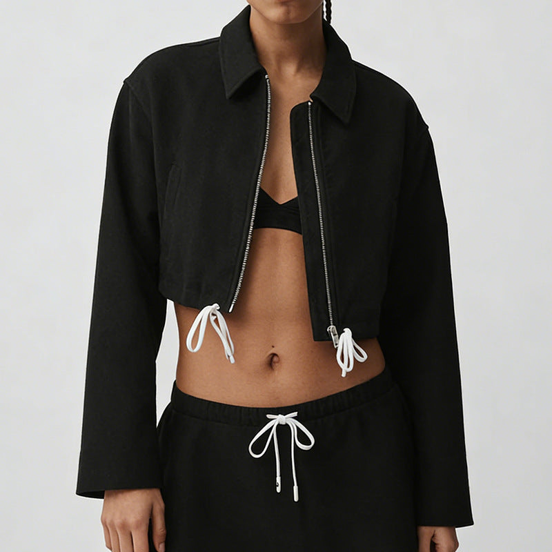 new arrival cotton mixed draped loose waist cord breathable stand collar zipper outwear short skirt casual sports suit