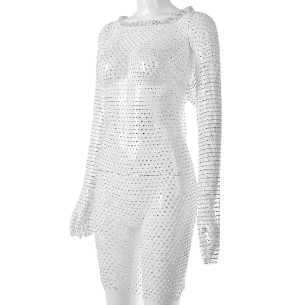 European and American women's clothing summer new   sexy fashion nightclub wind round neck fishing net plaid flash diamond dress