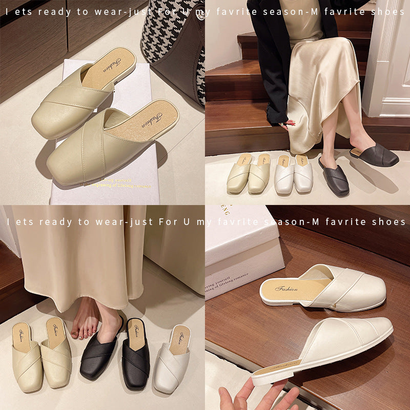 Lazy flatseasiest for match toe soft bottom slippers for women 2025new arrivalfashionfrenchoutwear square toe sandals for women