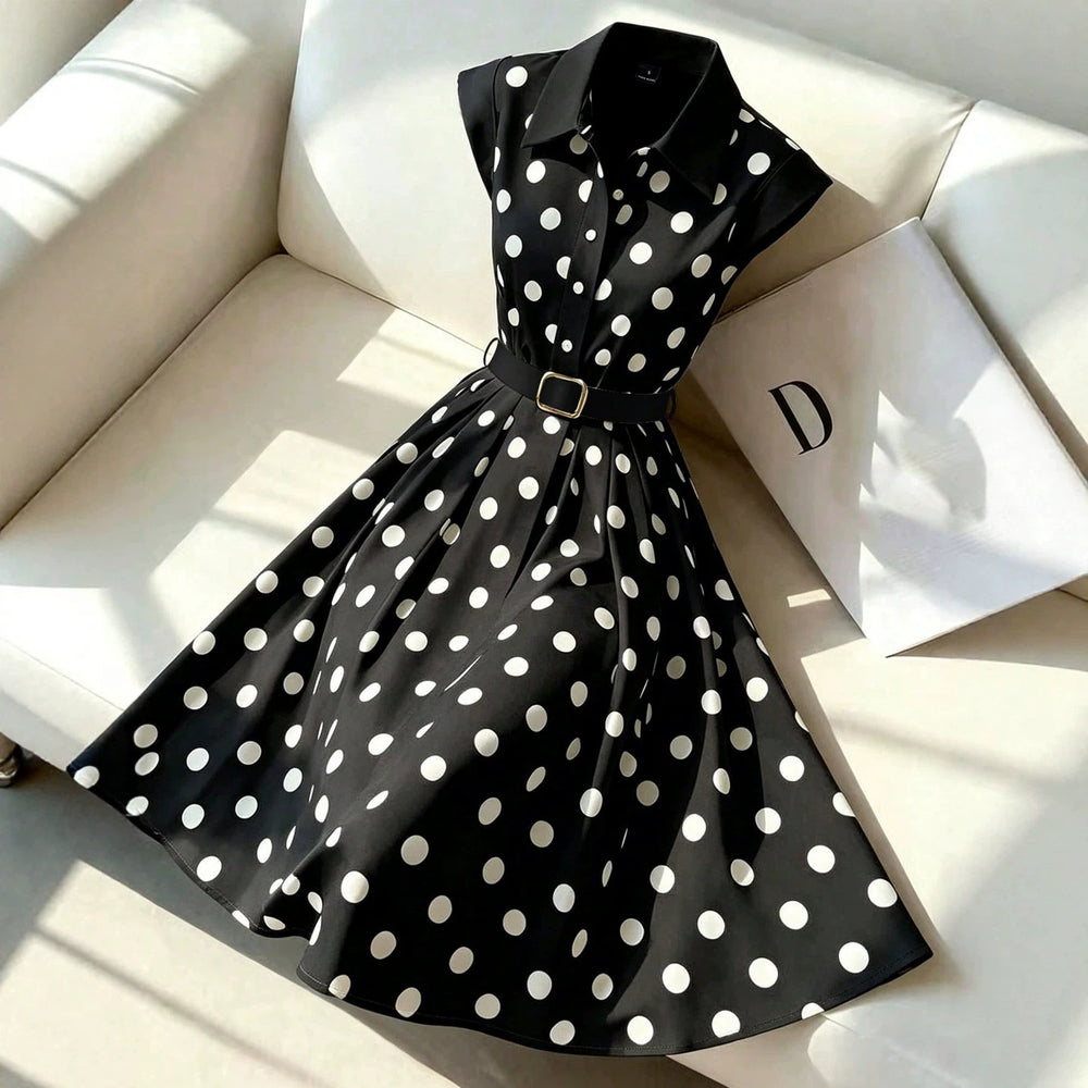 european and american cross-border polka dot lapel sleeveless dress waist large hem with belt elegant mid-length skirt foreign trade