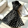 european and american cross-border polka dot lapel sleeveless dress waist large hem with belt elegant mid-length skirt foreign trade
