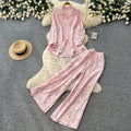 Lazy style pink printingshirtloose pantstwo-piece set female autum light mature style easiest for matchwork clothingelegantsuit