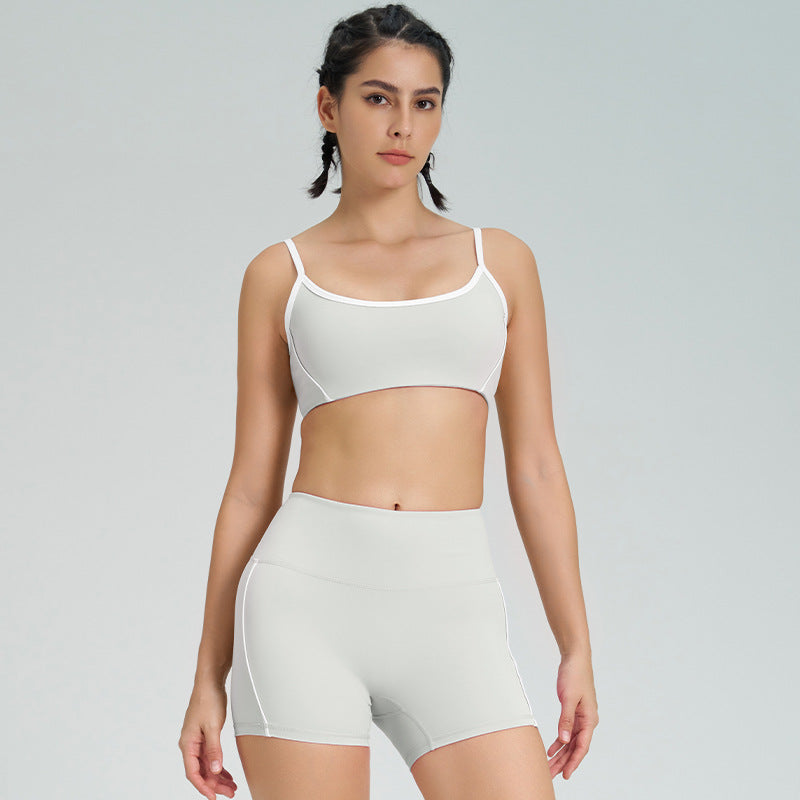 High-waisted, figure-hugging, color-blocked, cross-border camisole, shockproof, push-up, high-waisted, butt-lifting running and fitness shorts yoga set for women