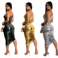 C6738 cross-border   fashion women's solid color sexy camisole slant neck ruched dress