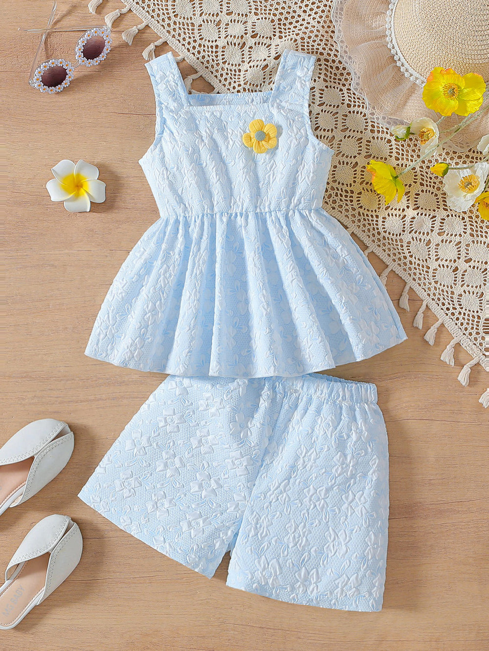 Summer girls' tank top set - korean style floral embroidery print, ruffle hem, sky blue two-piece outfit for kids
