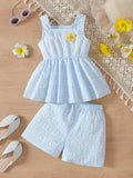 Summer girls' tank top set - korean style floral embroidery print, ruffle hem, sky blue two-piece outfit for kids