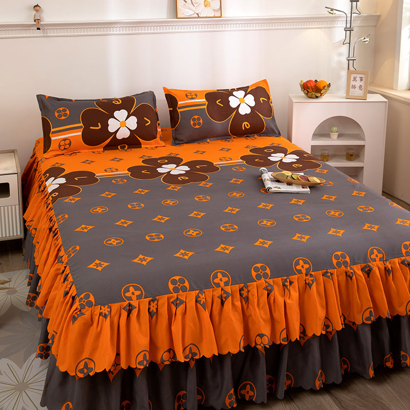 Solid color new light luxury minimalist embroidered single bed skirt fitted sheet non-slip bedspread four seasons princess style single piece