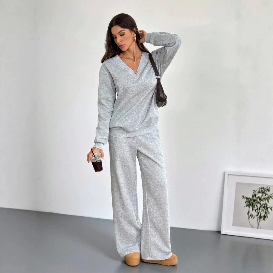European and american  fall/winter new women's two-piece set: high-neck long sleeve top and wide-leg high-waisted pants casual sweatshirt set