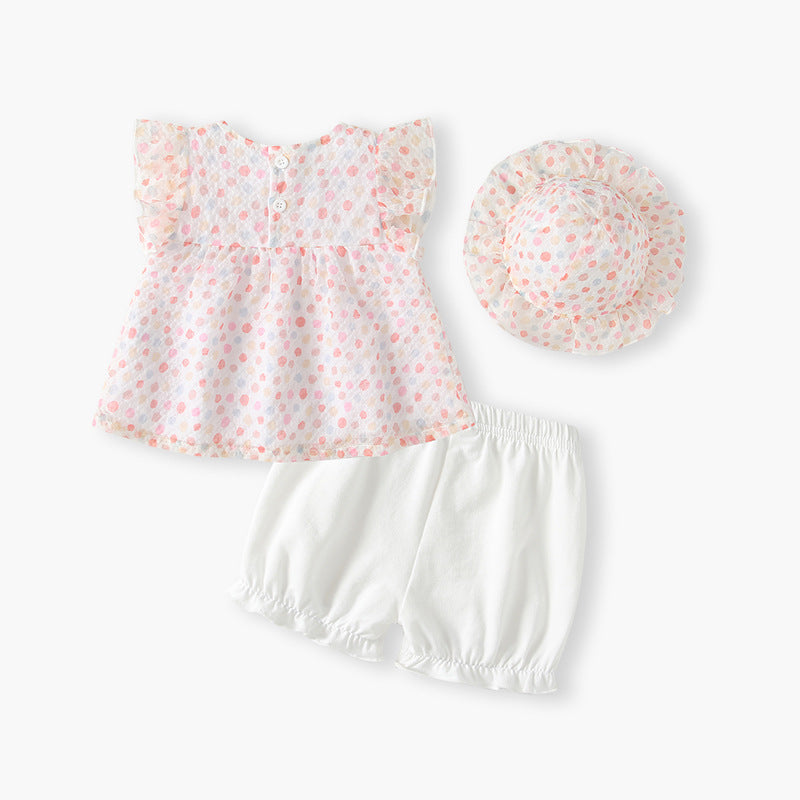Ready-to-ship  summer new arrivals: japanese-style cartoon cute girls' polka dot three-piece outfit - little girl's clothing