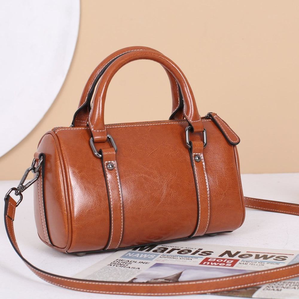 Genuine leather handbag women's 2025 new trendy oil wax cowhide crossbody bag women's bag classic texture boston pillow bag