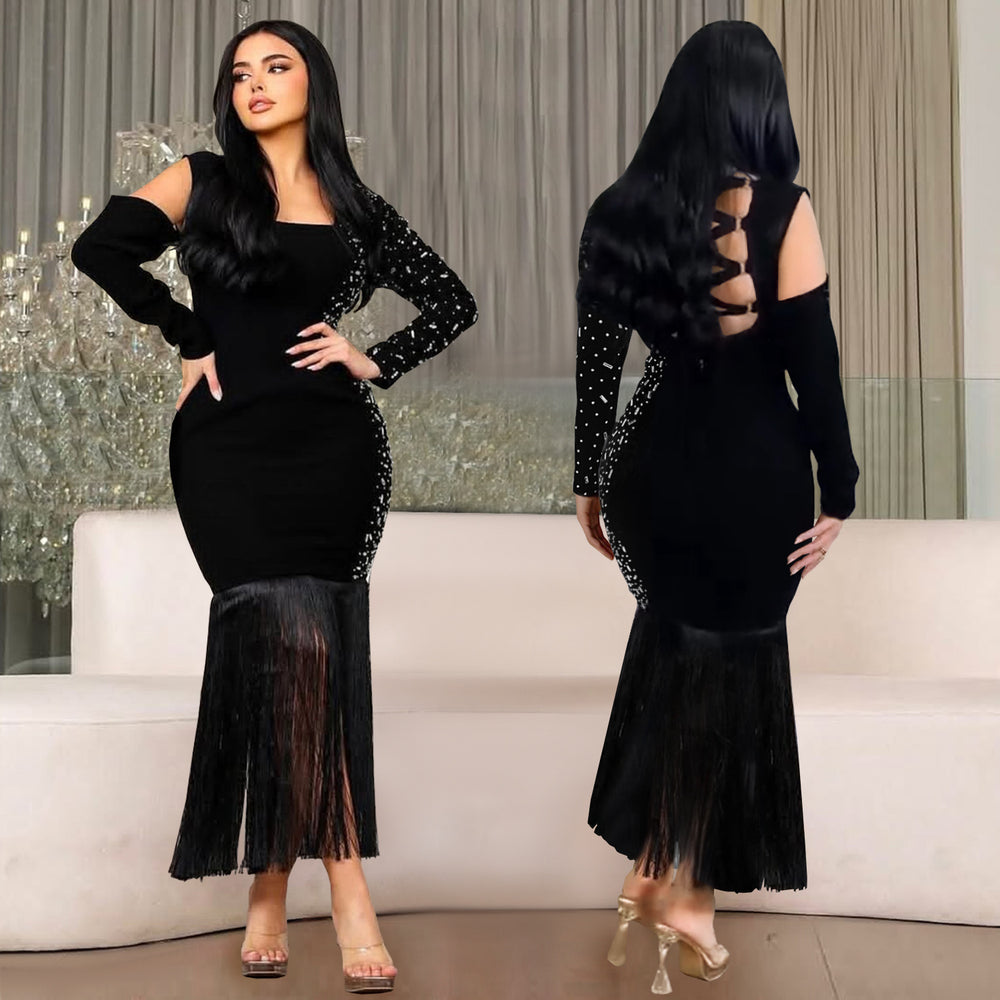 C7412 cross-border   fashion women's sexy arm sleeve long sleeve rhinestone tassel dress