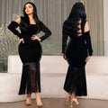 C7412 cross-border   fashion women's sexy arm sleeve long sleeve rhinestone tassel dress