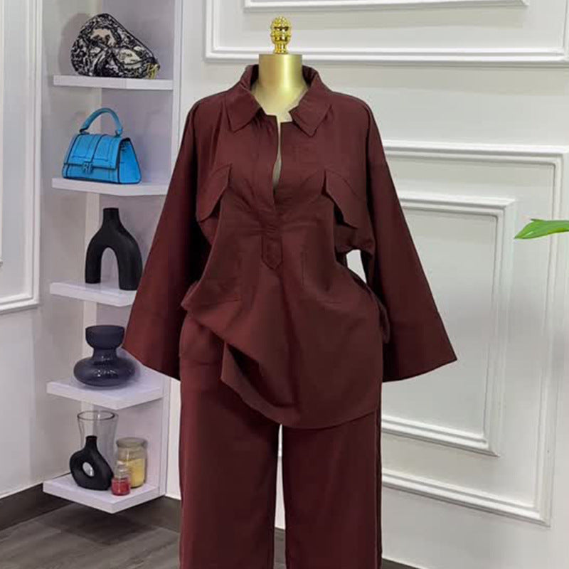 European and american women's clothing  autumn new collection: sweet and fresh turn-down collar long-sleeve shirt and high-waisted straight-leg pants two-piece set
