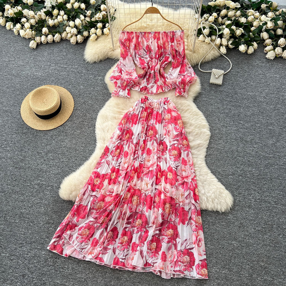 French style women's autumn outfit set: chic off-the-shoulder lantern sleeve floral top with high-waisted pleated midi skirt