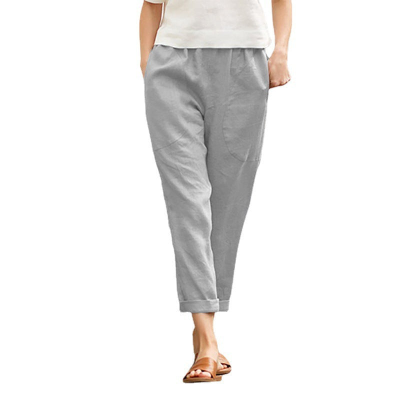 european and american export women's large pocket solid color comfortable cotton linen casual straight-leg trousers