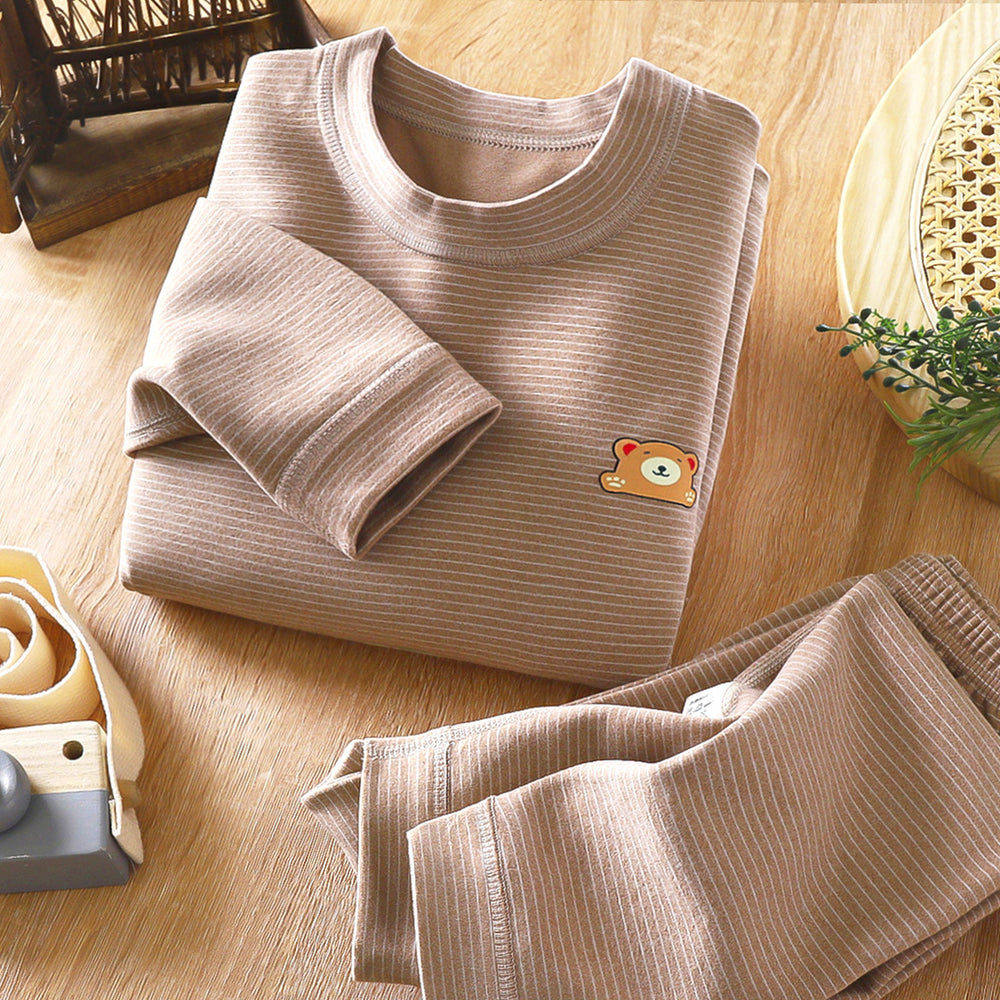 Kids' boneless fleece-lined turtleneck thermal underwear set - new autumn collection for boys and girls - striped, extra thick, warm innerwear set
