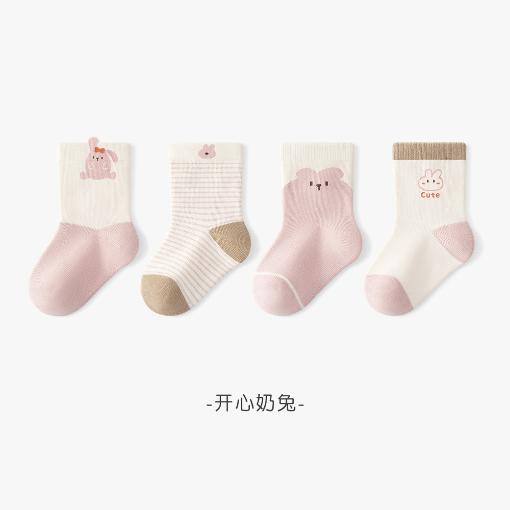 Babibele baby socks, 4-pair pack, mid-calf length, combed cotton, seamless, cartoon design, non-restrictive, unisex baby socks