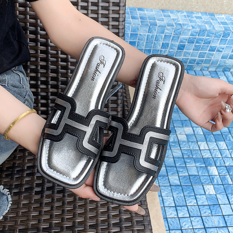 Women's slippers - 2025 summer new arrivals: french-style h-strap square toe flat sandals - fashionable, versatile, outdoor beach thong sandals