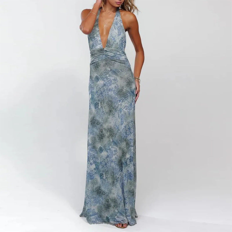 cross-border european and american women's clothing: summer dresses for women - fashionable vacation deep v halter neck printed slim-fit maxi dress