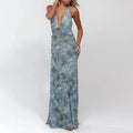 cross-border european and american women's clothing: summer dresses for women - fashionable vacation deep v halter neck printed slim-fit maxi dress