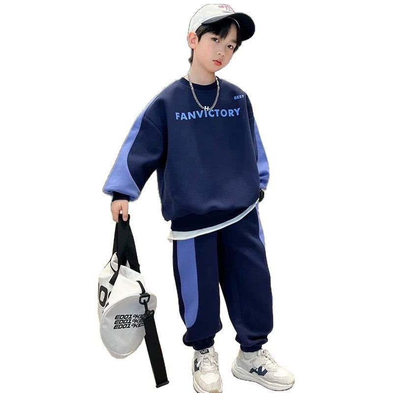 Boys' clothing: mid-to-large size two-piece set - spring  new color block base layer shirt set for students - stylish & cool